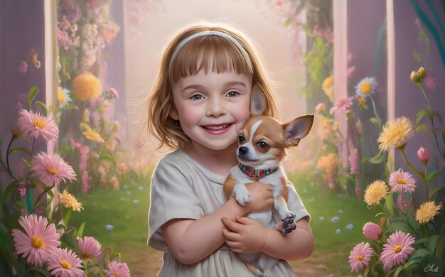 A young girl is smiling and hugging a small chihuahua dog