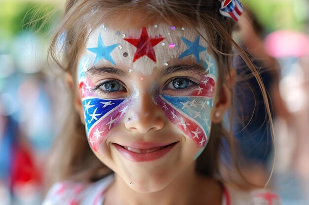 Young girl is smiling while showing off her patriotic face paint