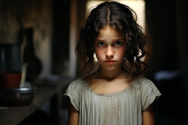 a young girl is standing in a dark room