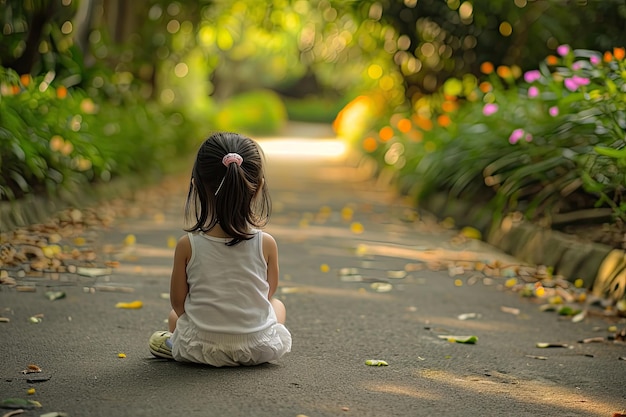 a young girl is standing in front of a hedge Thoughtful girl on quiet pathway