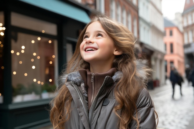 a young girl is standing in the middle of a city street