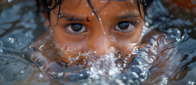 A young girl is in the water with her eyes open The water is murky and the girl is looking at the camera