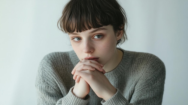 a young girl is wearing a grey sweater and holding her hands in her hands