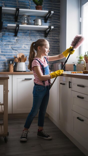 Young girl is wearing yellow gloves while cleaning the kichen room with duster in her house