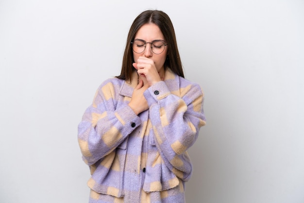 Young girl isolated on white background coughing a lot