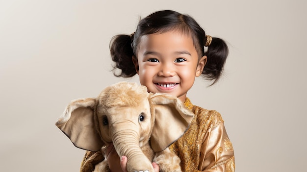 A young girl joyfully holds a plush elephant toy in her arms