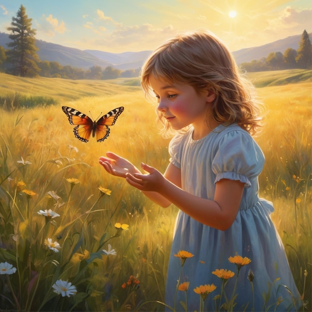 A young girl joyfully laughs as she plays amongst a group of colorful butterflies A child laughing