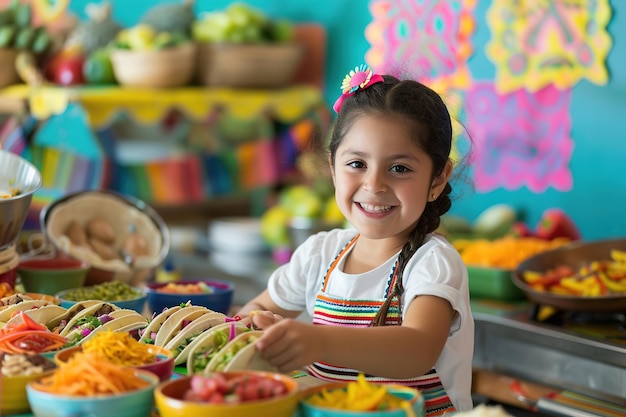 A young girl joyfully making tacos with colorful ingredients at a festive table