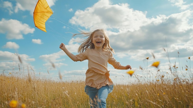 Photo a young girl joyfully running through a field with a colorful kite for outdoor memories