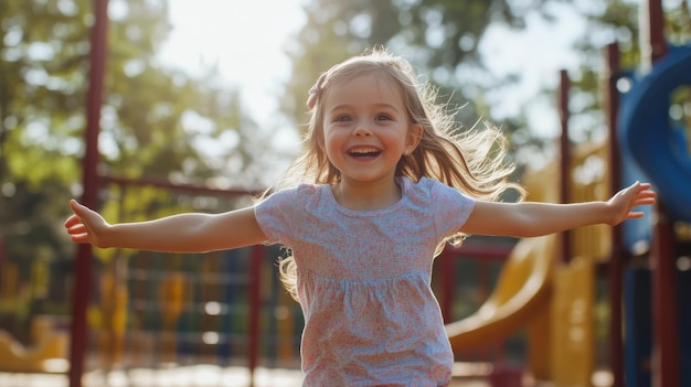 Young girl joyfully running with open arms at a playground during a sunny afternoon surrounded by colorful play equipment and greenery