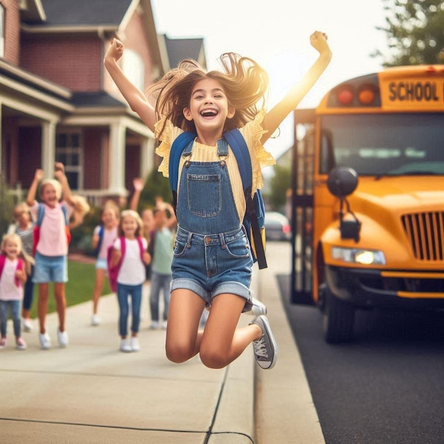 Young girl jumping for joy at bus stop