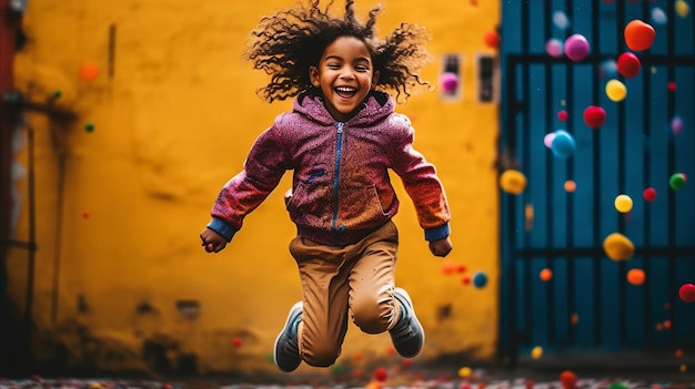 A young girl jumps in front of a yellow wall with a yellow wall behind her.