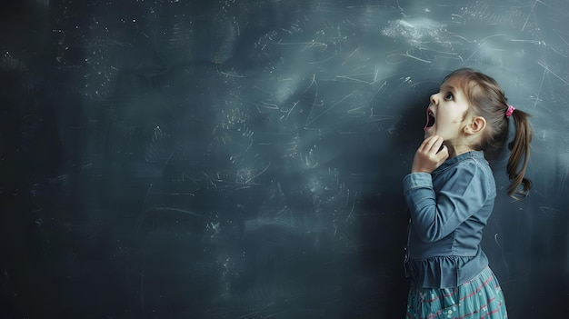 Young girl keeping hand near mouth and screaming standing against blackboard Generative AI