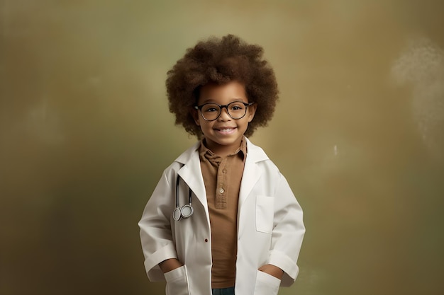 A young girl in a lab coat with a stethoscope on her neck stands in front of a beige backdrop.