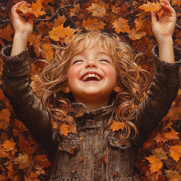 Photo young girl laughing and throwing fall leaves into the air