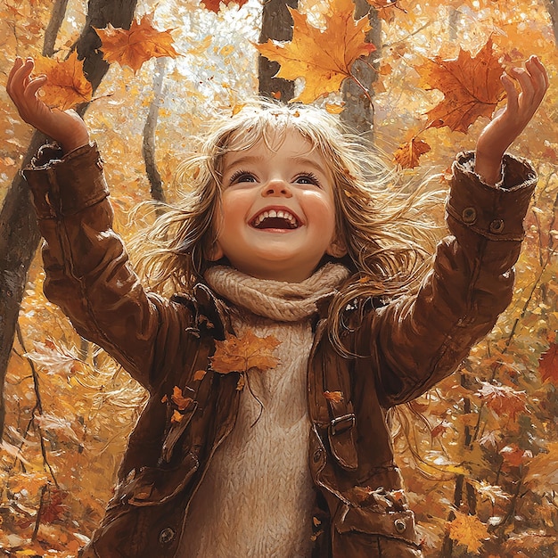 Photo young girl laughing and throwing fall leaves into the air