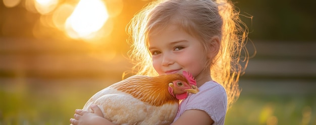 Photo young girl learning about farm animals a sweet moment on the farm with a chicken adorable child