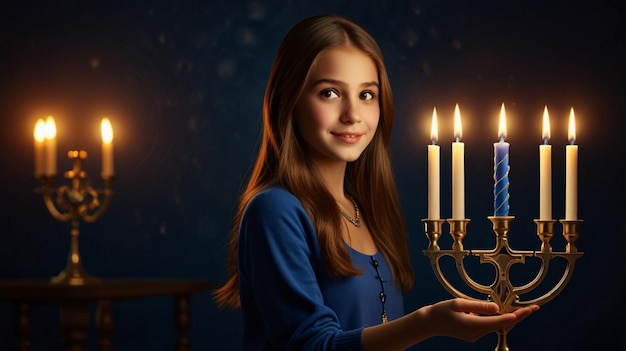 Photo young girl lighting menorah for hanukkah a beautiful tradition