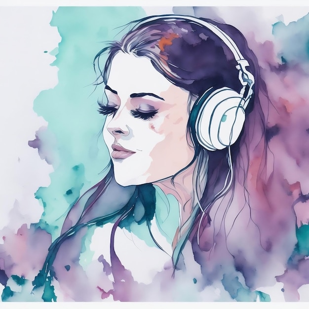 A young girl listening to music with headphones in watercolor style Generative AI image