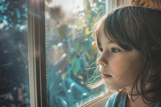 a young girl looking out a window with the sun shining through the window