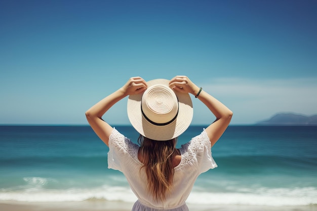 Young girl looking at a paradise beach with a beach hat