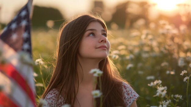 Young girl looking up at an american flag as she stands in a field of honor