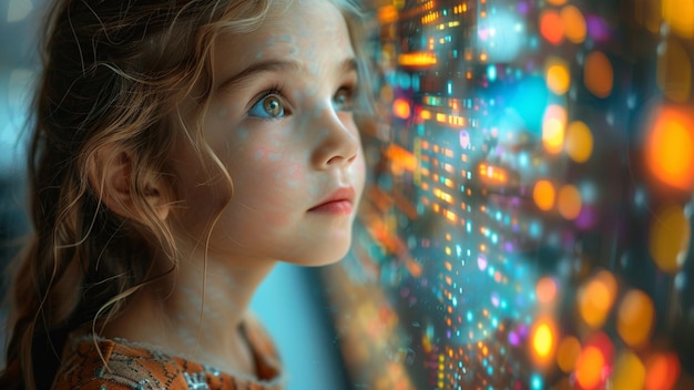 a young girl looking up at the camera with a colorful background