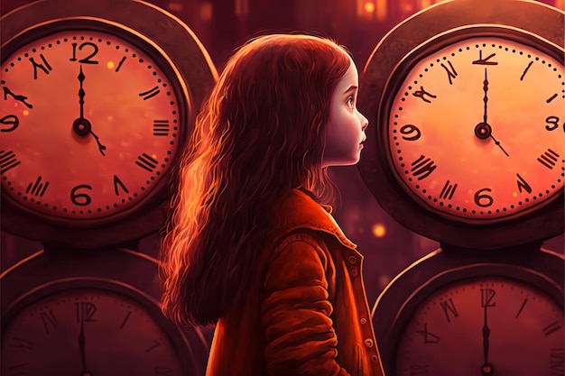 A young girl looks at a magical unusual clock