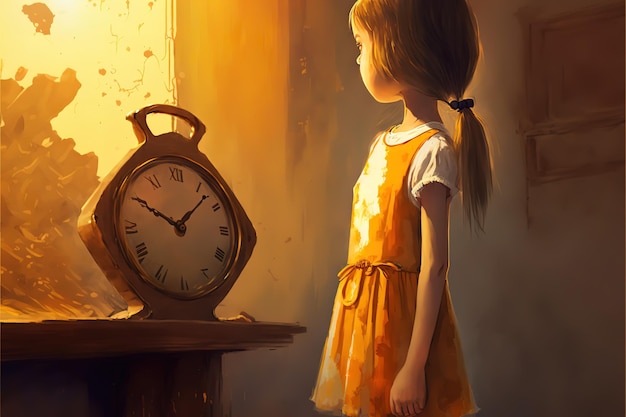 A young girl looks at a magical unusual clock