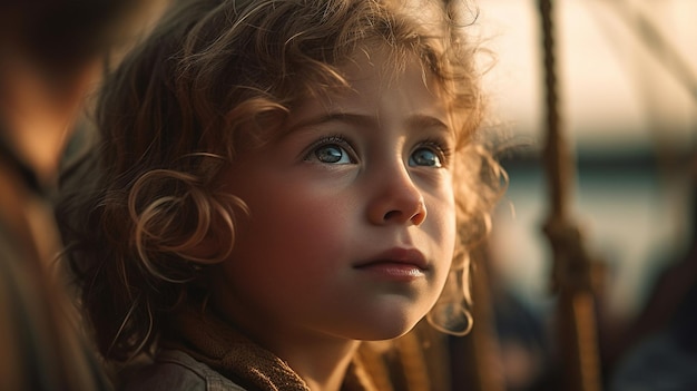 A young girl looks out the window at the sunset.