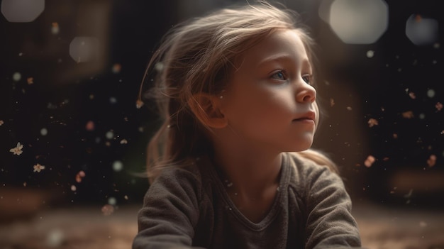 A young girl looks out of a window with the word love on the front.