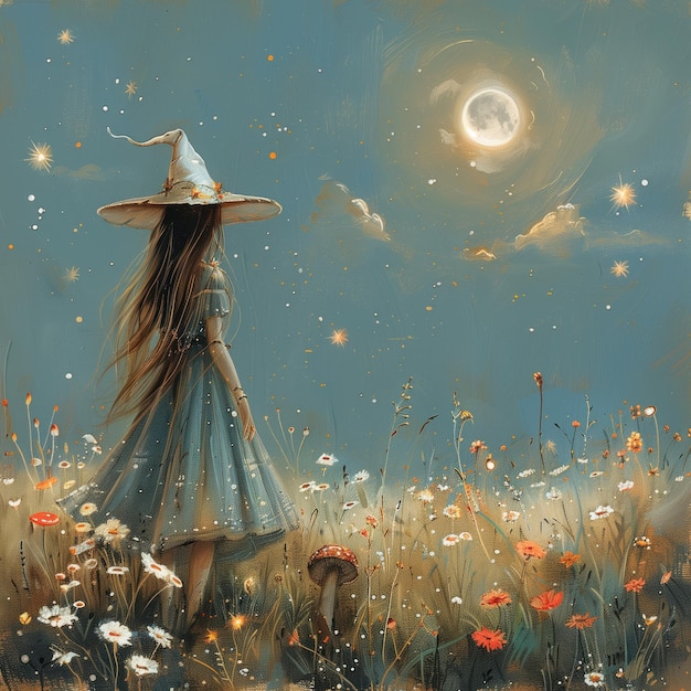 Photo a young girl in a magical dress gazes at a moonlit sky filled with stars and clouds