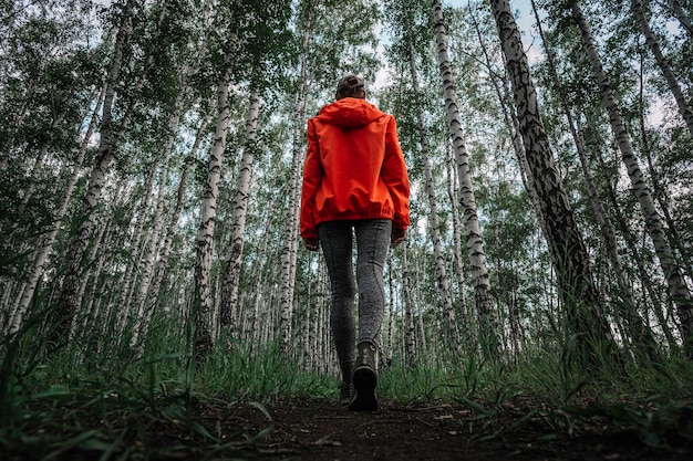 Young girl in an orange jacket walks through a birch forest among tall trees a view from below Summer walks in the park