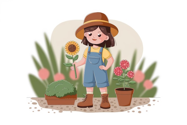 A young girl in overalls holds a sunflower in a garden