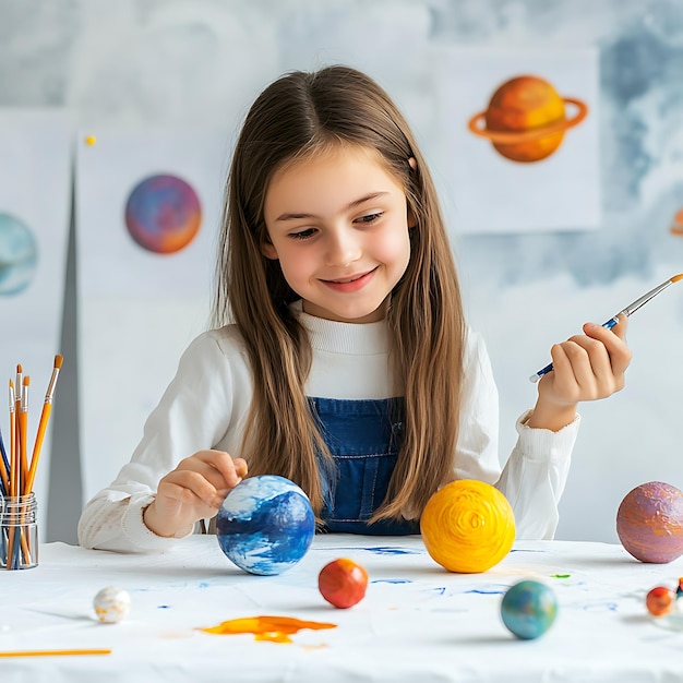 Photo young girl painting a solar system model planets space science art learning education