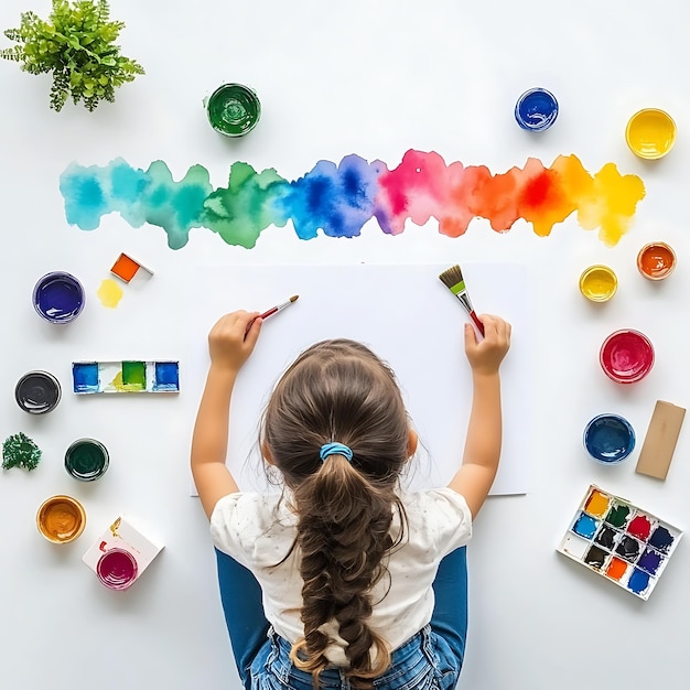 Young Girl Painting with Watercolors on a White Surface Top View