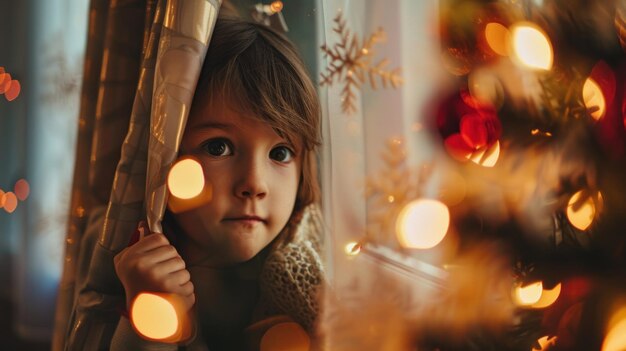 Photo a young girl peeking through a curtain at a christmas tree