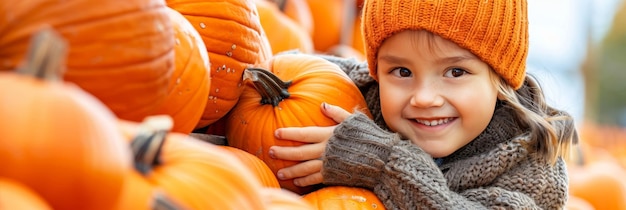 Young girl picking pumpkins at a halloween pumpkin patch on a festive autumn day