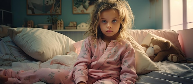 A young girl in PJs is receiving care at her house