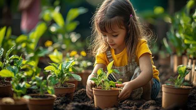 Photo young girl planting flowers in garden gardening child care plant life