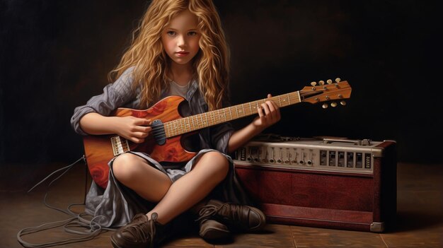 a young girl playing box guitar