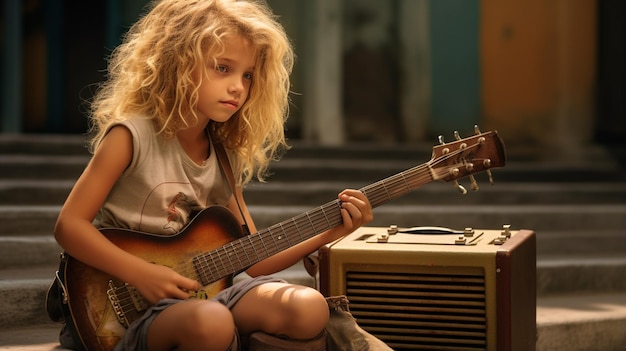 a young girl playing box guitar