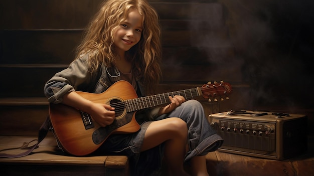 a young girl playing box guitar