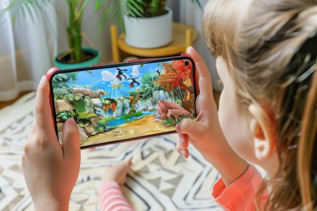 Young Girl Playing Mobile Game With Jungle Scene on Phone