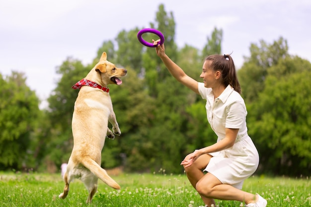 A young girl plays with a toy ring with a labrador dog on the grass