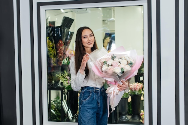 A young girl poses with a beautiful festive bouquet against the background of a cozy flower shop Floristry and bouquet making in a flower shop Small business