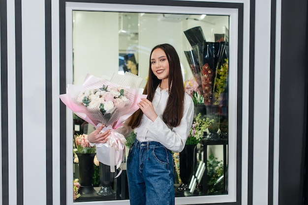 A young girl poses with a beautiful festive bouquet against the background of a cozy flower shop Floristry and bouquet making in a flower shop Small business