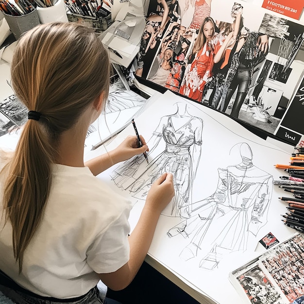 Young Girl Practicing Fashion Illustration