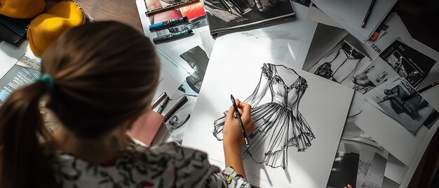 Photo young girl practicing fashion illustration