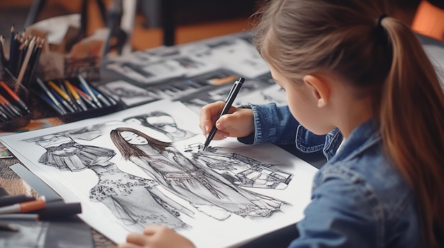 Photo young girl practicing fashion illustration